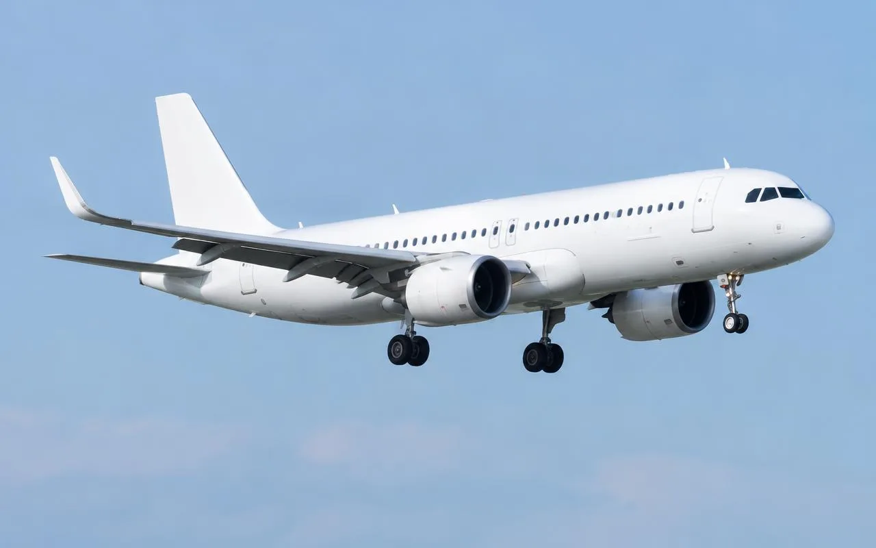 Unbranded twin-engine airliner on approach with landing gear extended