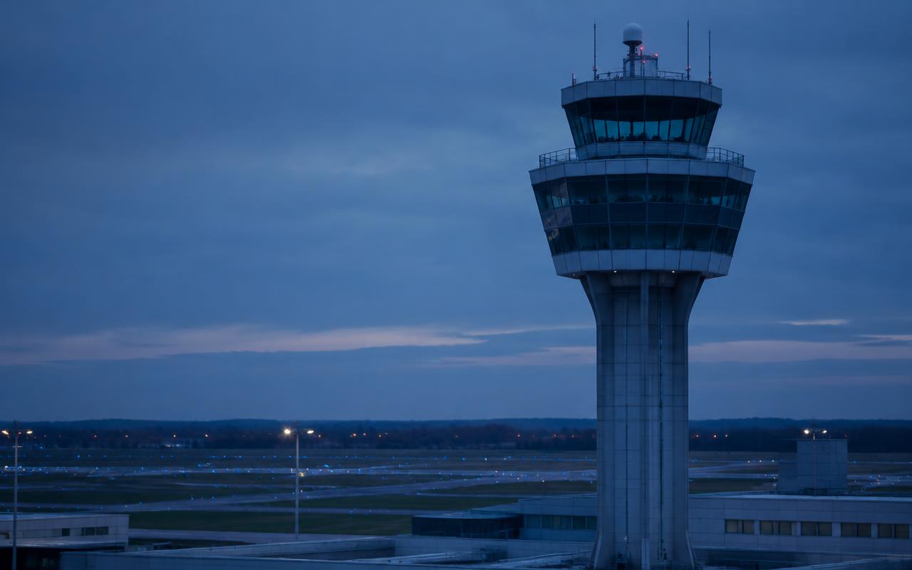 Airport control tower at blue hour overlooking taxiways and runway lights